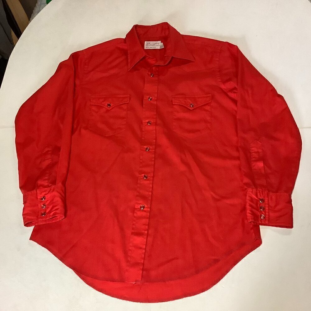 Vintage Wrangler Permanent Press Pearl Snap Shirt Long Tails Red Western 16-33 - Picture 1 of 9